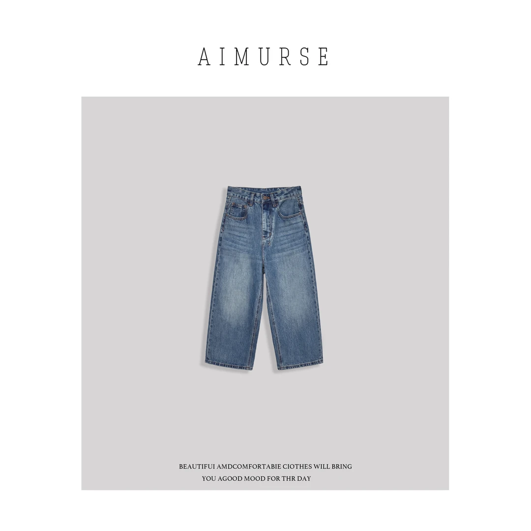 AIMURSE 小众设计师 七分休闲高腰百搭牛仔直筒裤 AM1359
