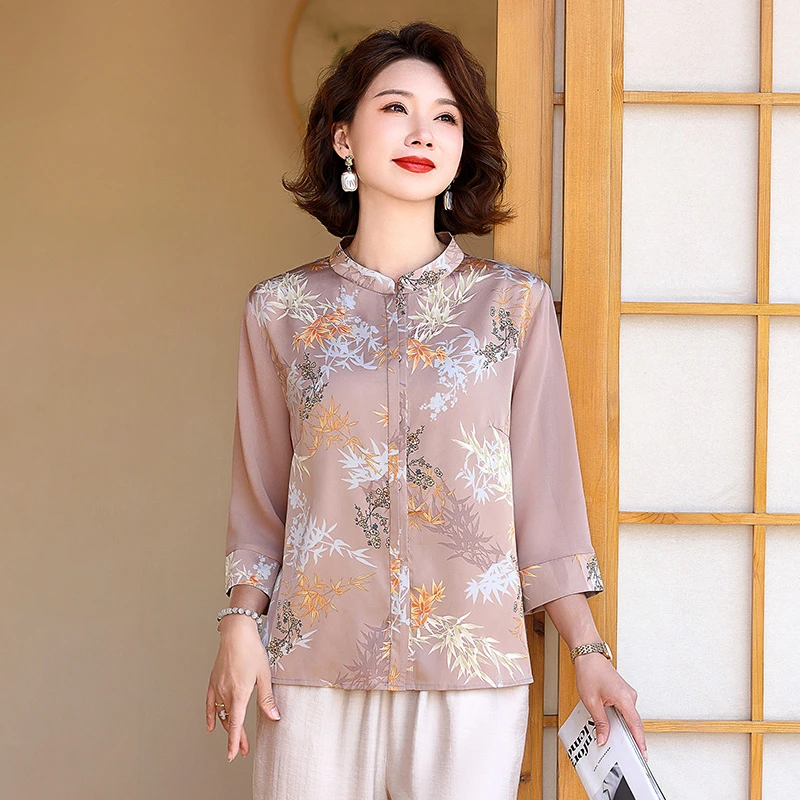 新中式国风妈妈装春夏T恤上衣服2025新款洋气中老年女装雪纺衬衫