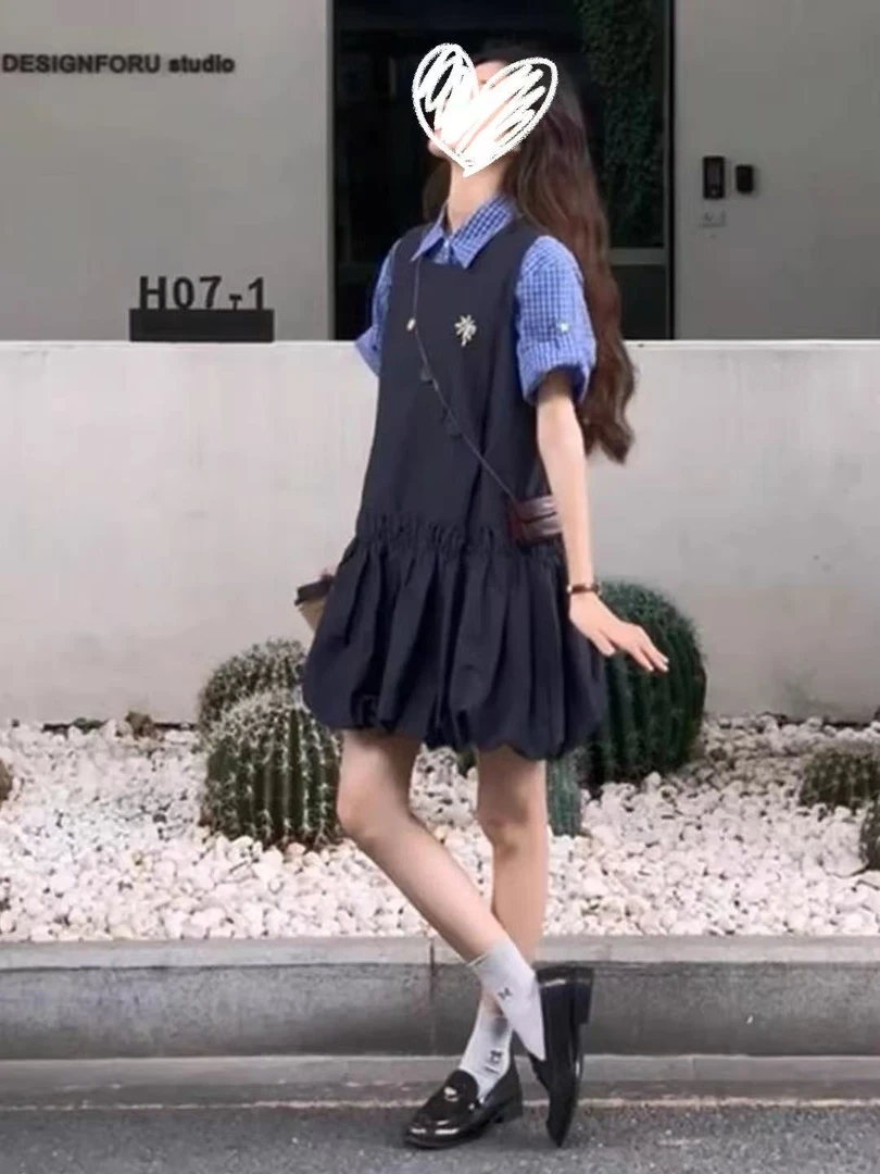 胖MM一整套短袖衬衫背带裙套装学院风法式独特花苞连衣裙套装