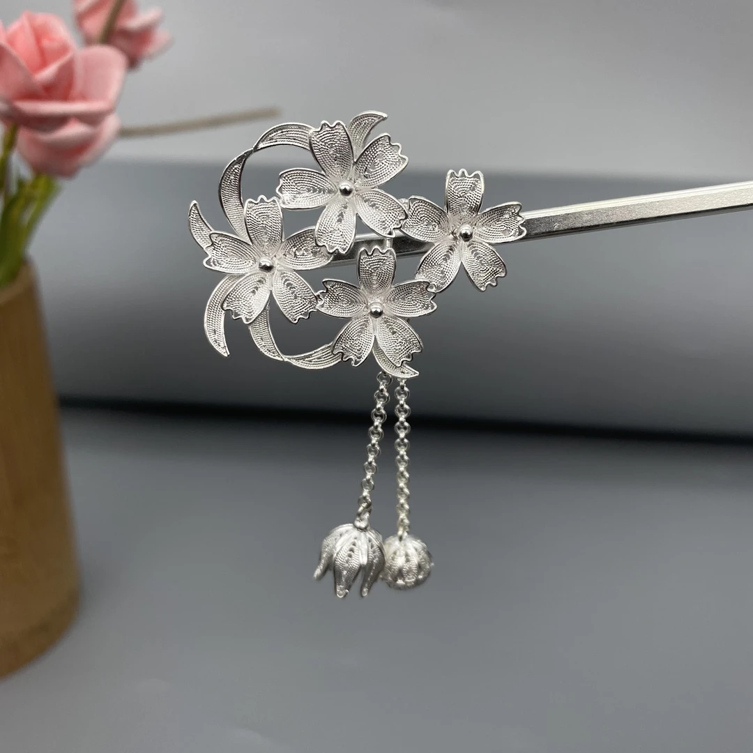 足银银制品 【格桑花发簪】足银纯手工民族风国风中式古典气质发簪