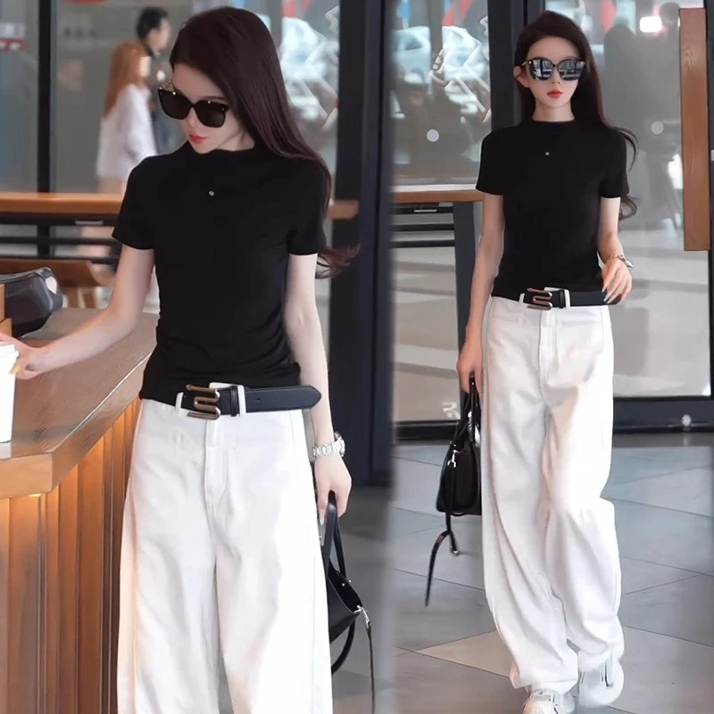 拉夏贝尔 时尚套装2025夏季新款显瘦短袖T恤休闲牛仔阔腿裤两件套