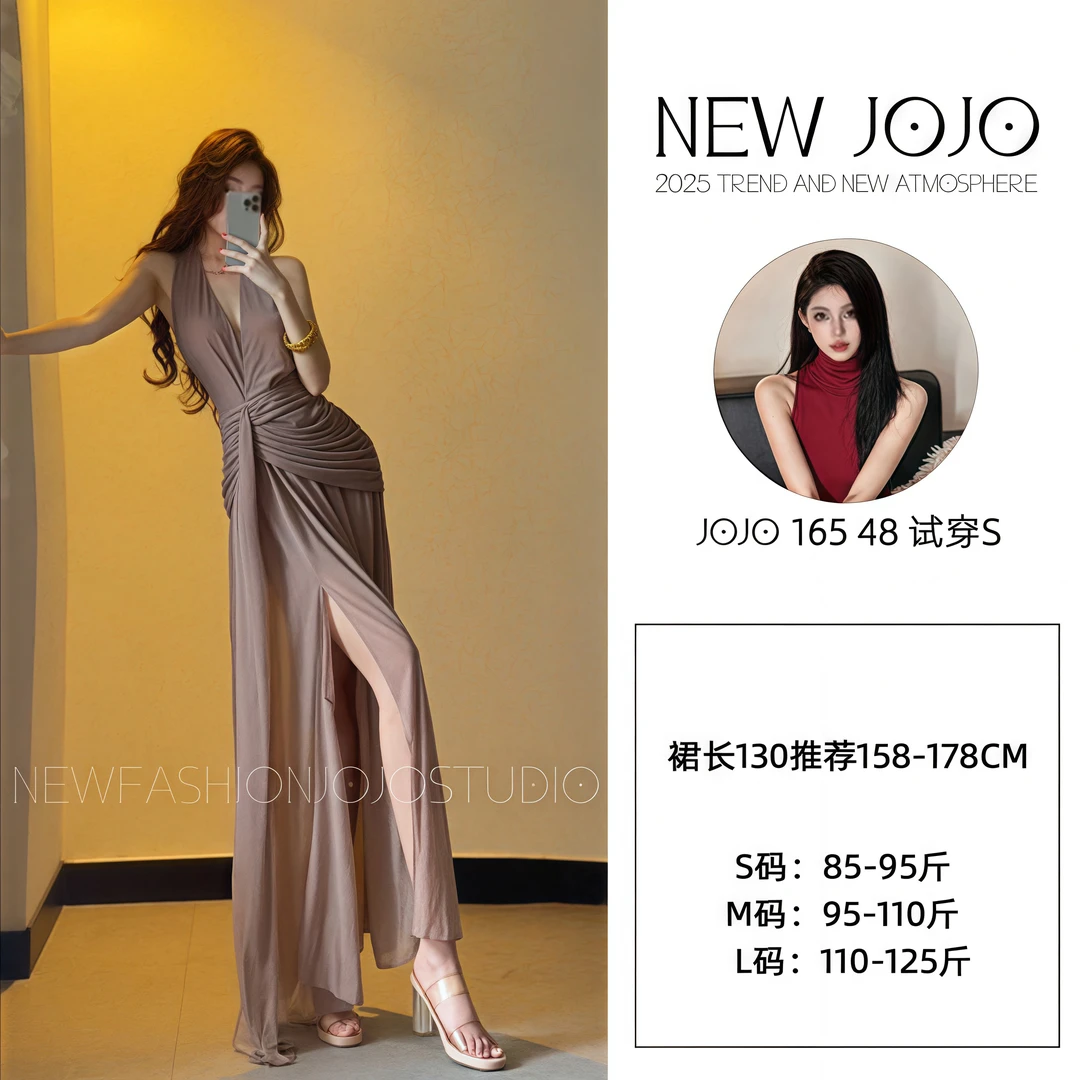 h2/Y179【JOJO】【神殿缪斯】复古性感露背连衣裙挂脖V领开叉礼服长裙