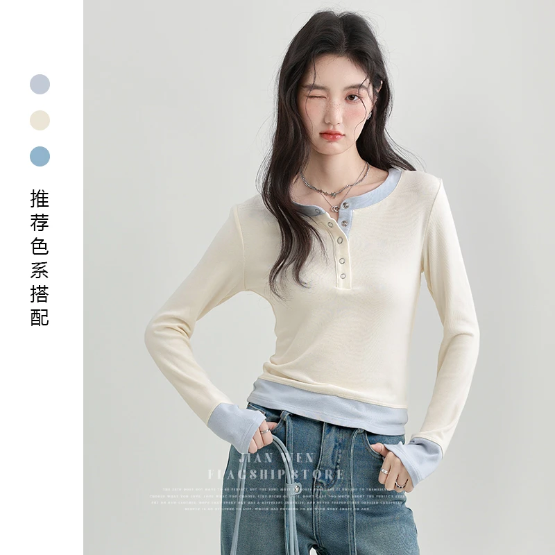 2025春季新款半开领假两件长袖t恤女短款显瘦内搭打底衫正肩上衣