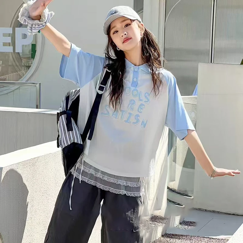 女童中大童夏季T恤2025新款薄款舒适透气时髦短袖女孩设计感穿搭