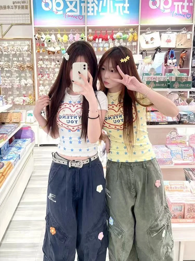 野生KIMU美式辣妹爱心星星满印短袖T恤女正肩显瘦修身收腰小个子