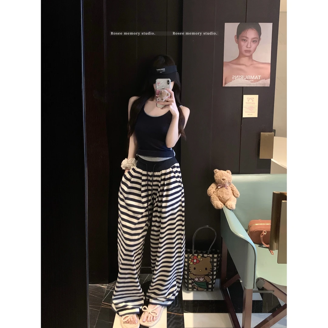 巧克少女美式撞色拼接无袖背心女夏季系带条纹休闲裤拖地裤两件套