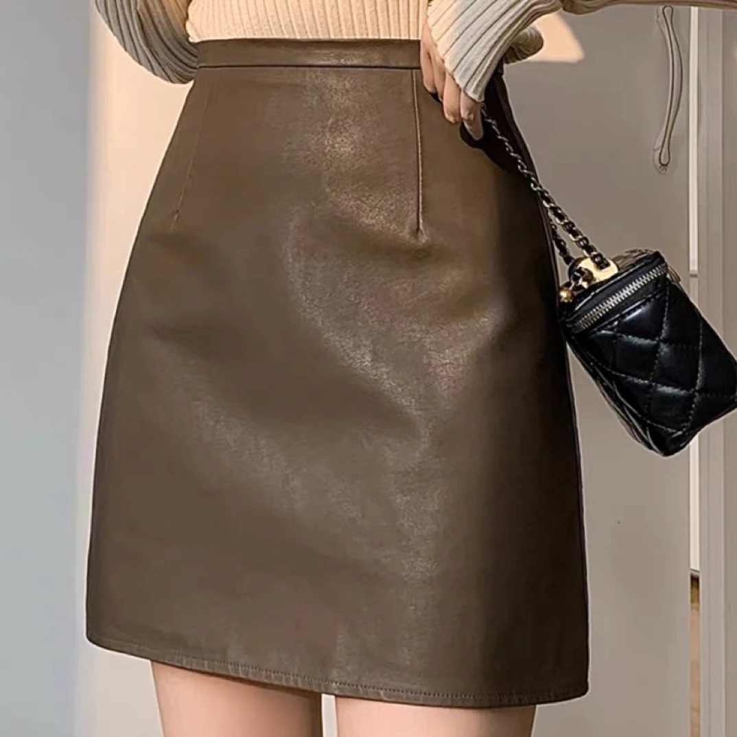 咖色高腰显瘦A字PU皮半身短裙秋冬时尚百搭外穿