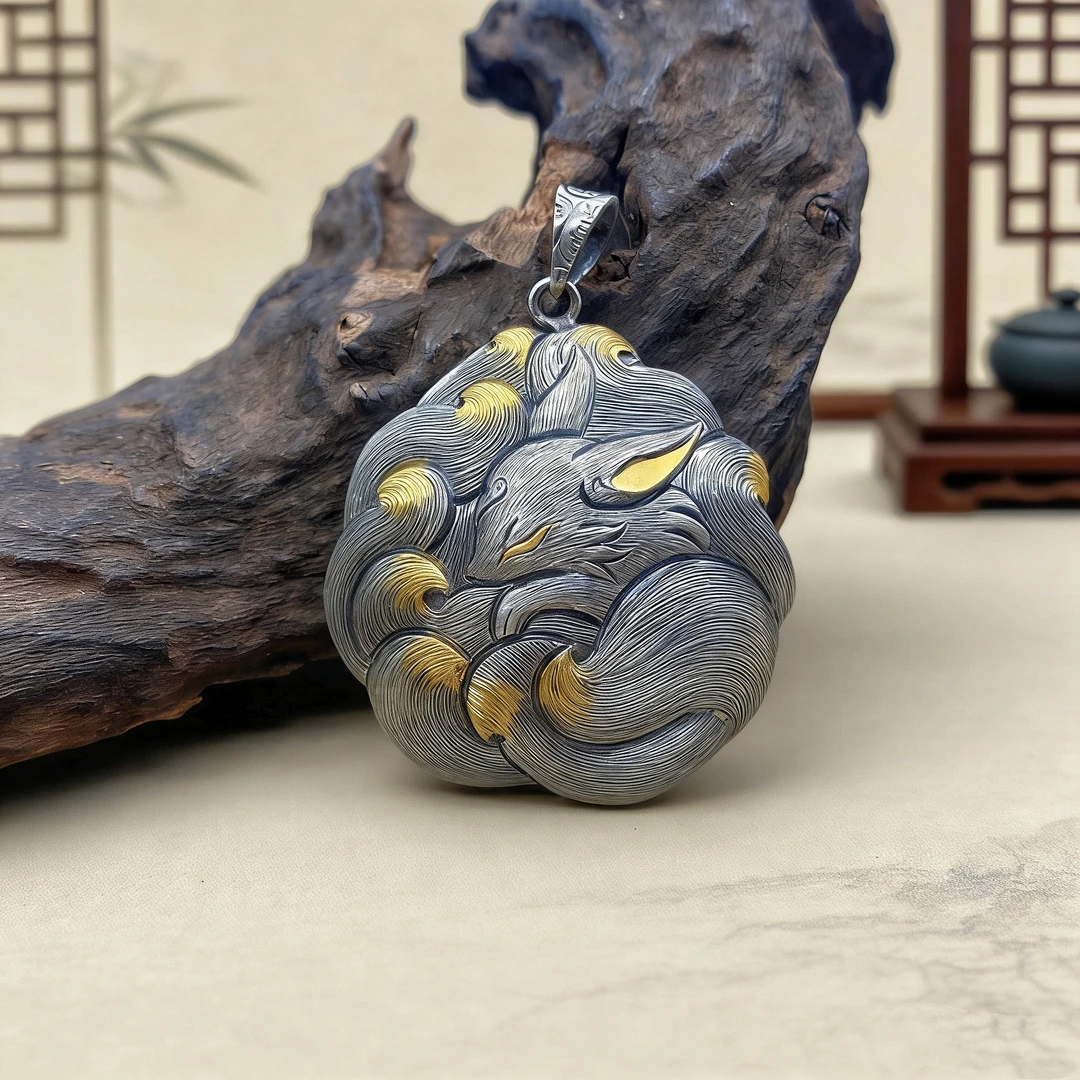 吊坠足银 足银狐狸牡丹双面錾刻国风复古吊坠