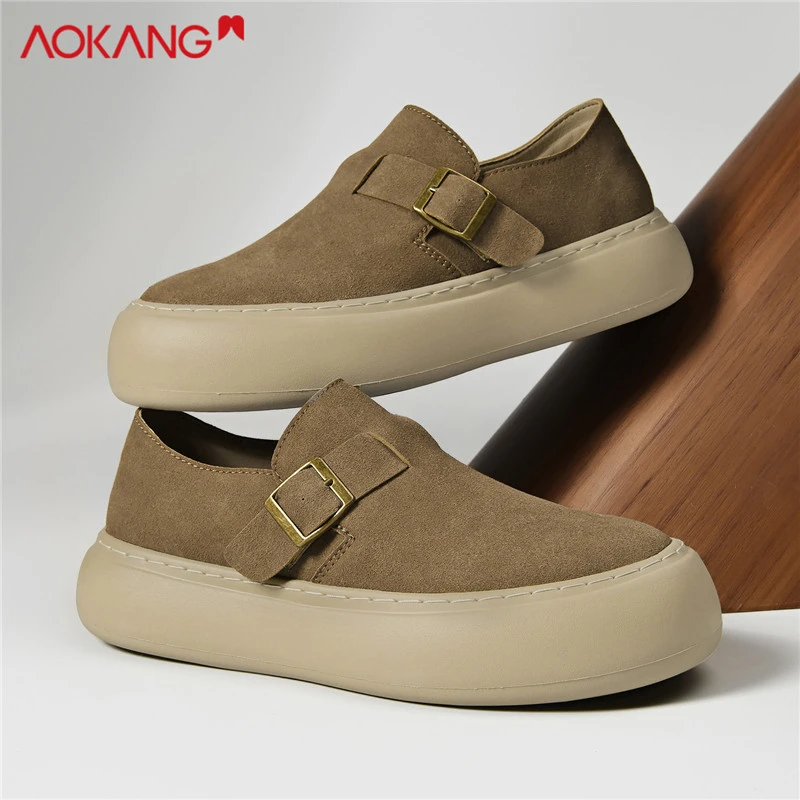 Aokang/奥康2025秋冬百搭舒适免系带厚底耐磨增高皮面休闲勃肯鞋