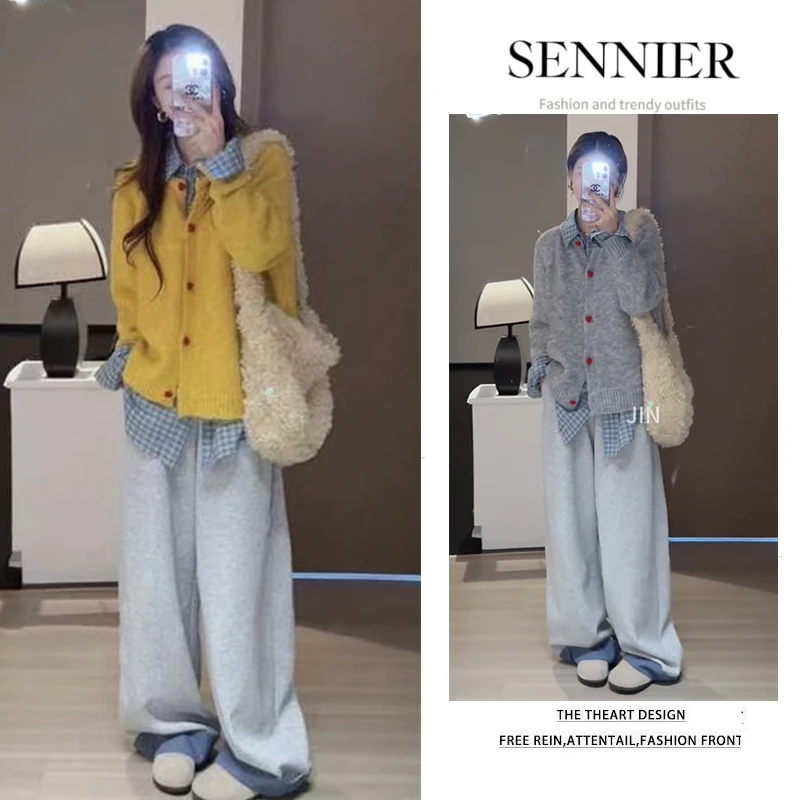 秋季穿搭女2025新款韩版洋气格子衬衫百搭针织开衫休闲裤三件套装