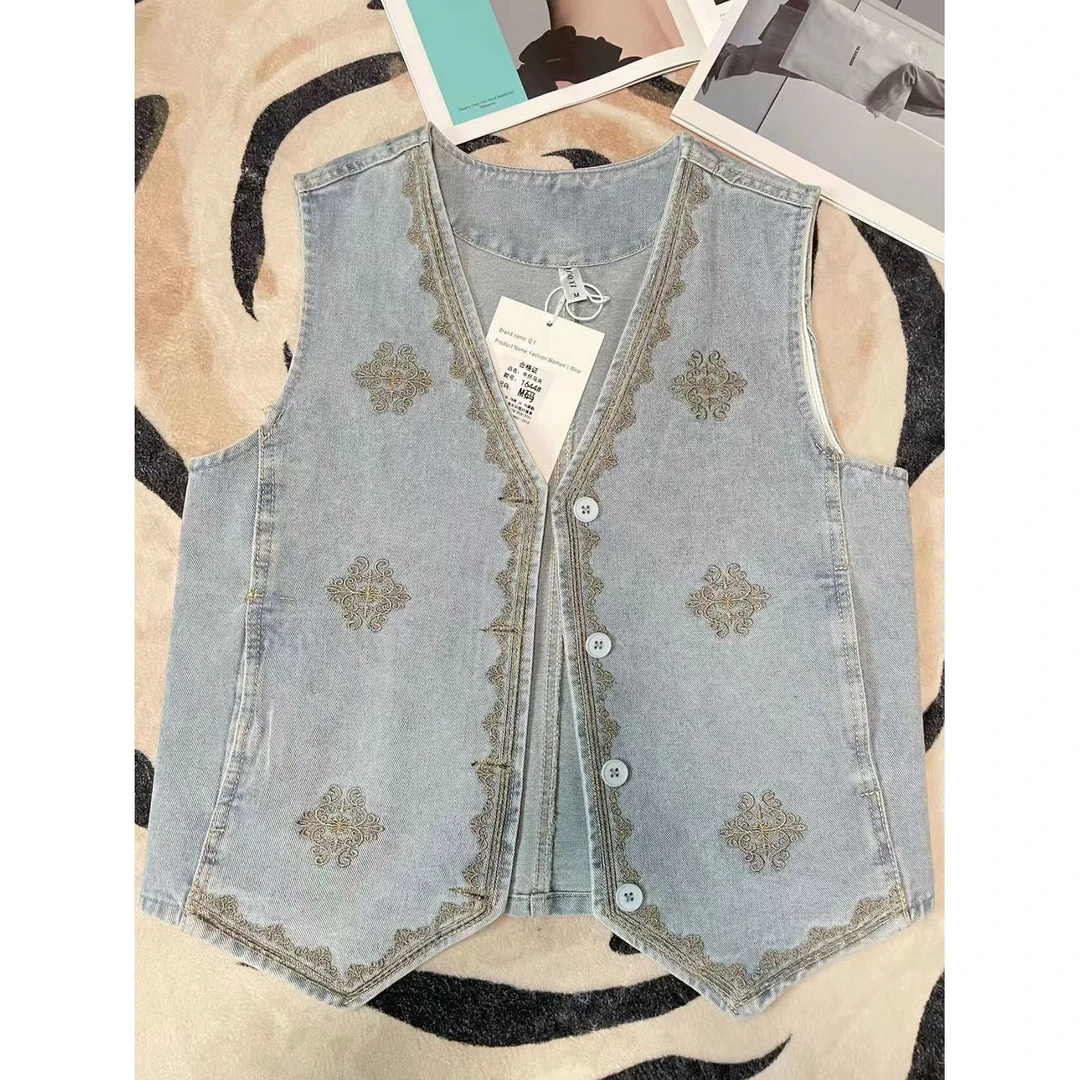 欧洲高级刺绣单排牛仔2025夏季背心上衣新款坎肩时尚马甲外套叠穿