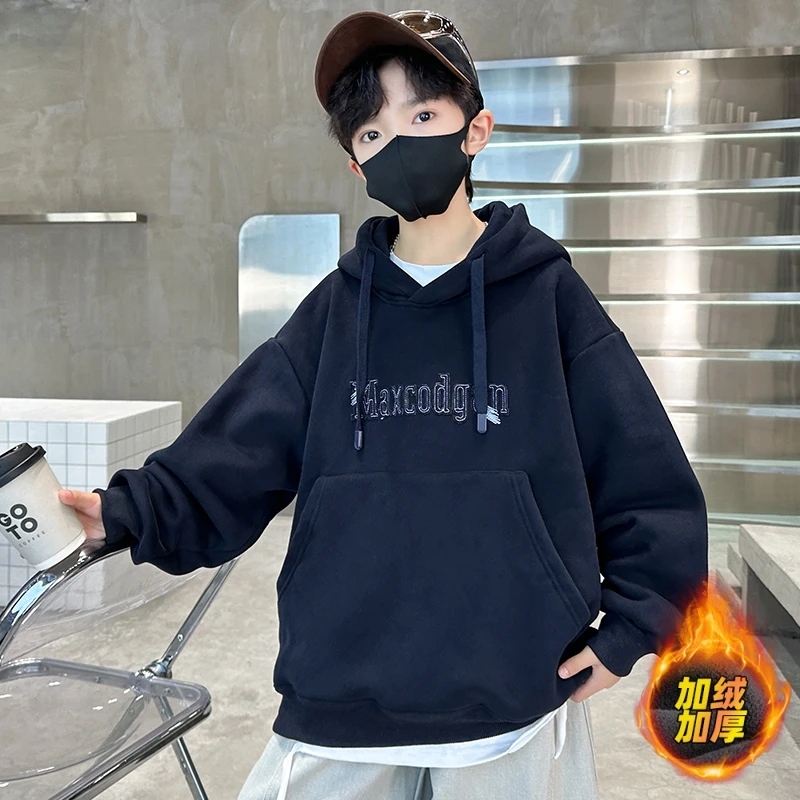 儿童装男童冬装加绒连帽卫衣2025新款大童秋冬款男孩加厚冬季上衣
