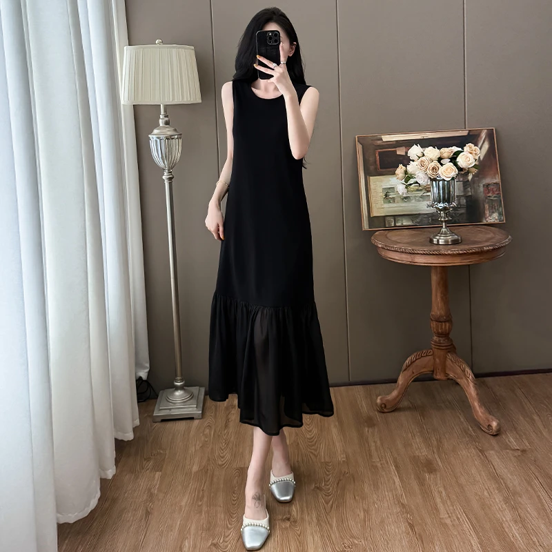 无袖连衣裙女夏云纱拼宽松显瘦黑裙镂空开衫