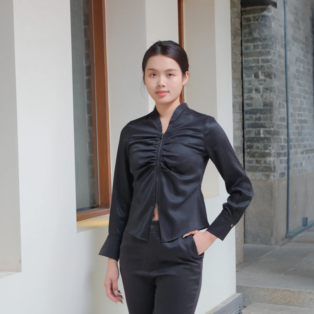 【香云故里】紫色弹力缎香云纱立领褶皱拉链衬衫XB24-L03039