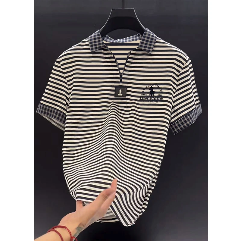 欧洲站轻奢大牌男装Polo上衣2025夏季新款老钱风撞色条纹Polo短袖