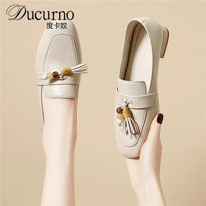 DUCURNO软面舒适通勤小皮鞋女一脚蹬舒适百搭单鞋粗跟软底豆豆鞋
