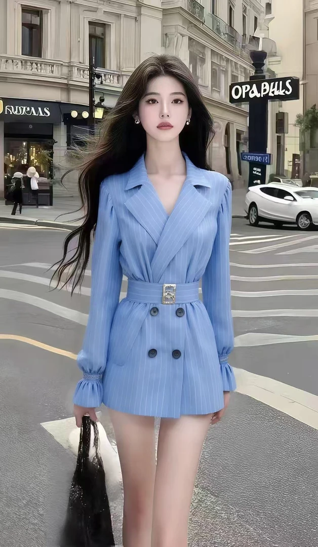 秋季新款休闲通勤风蓝色V领长袖修身收腰设计感连衣裙女气质显瘦