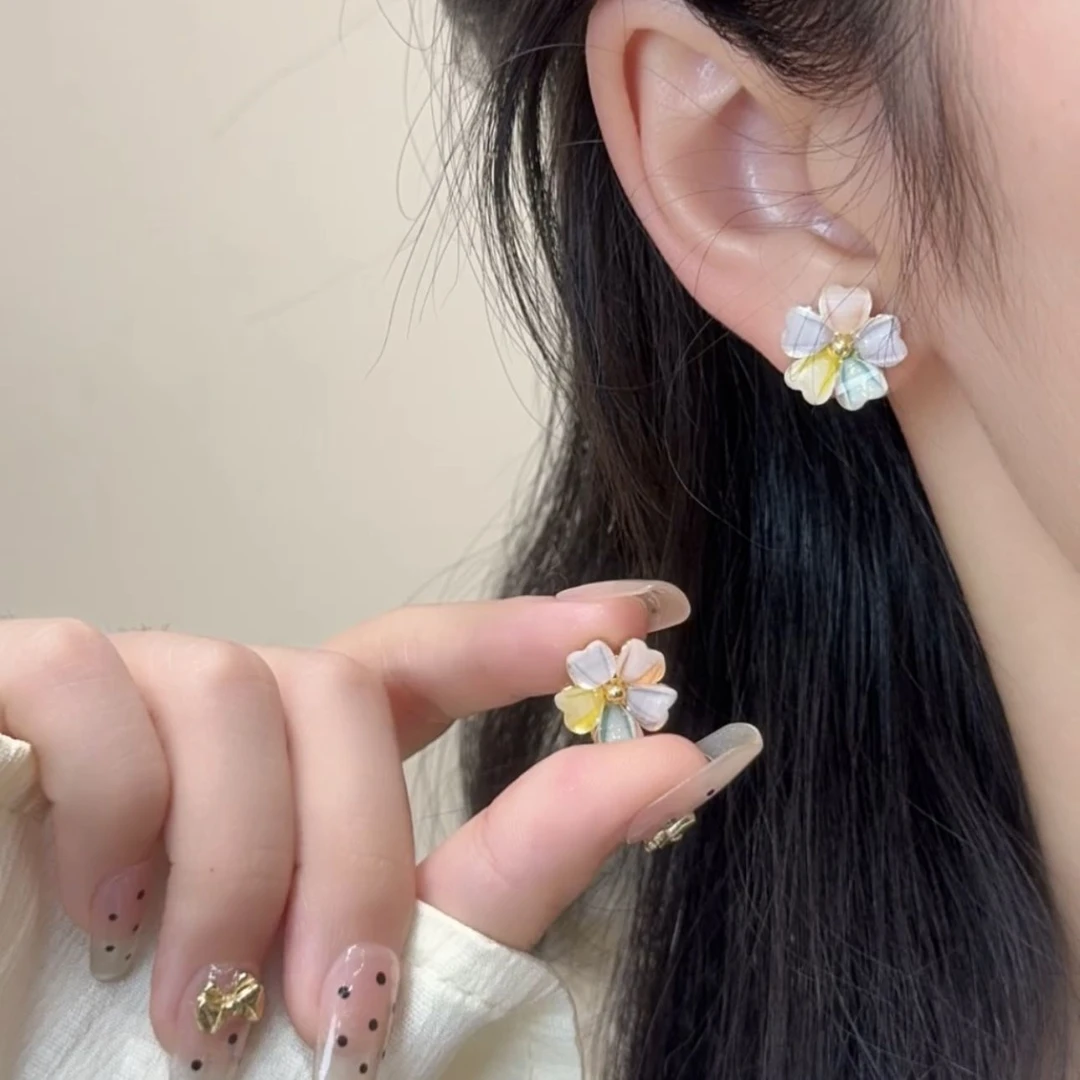 铜合金耳饰 五彩斑斓花朵耳环女2025新款油画风耳钉时尚百搭耳饰