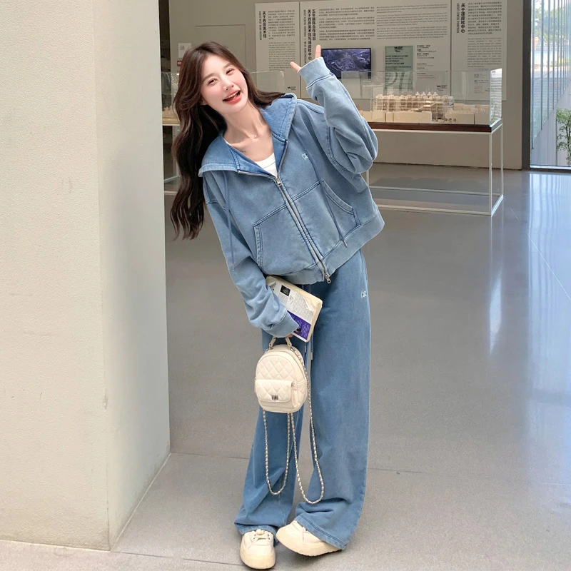 水洗针织牛仔套装裤女2025春秋新款甜酷氛围感小众流行卫衣休闲裤