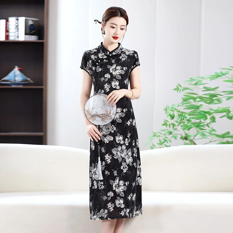 夏季新款立领斜门襟古典显瘦显高旗袍裙连衣裙女士百搭国风妈妈装
