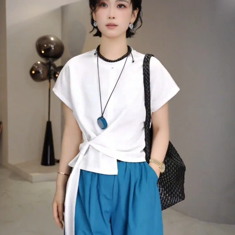 不规则收腰绑带短袖t恤女设计感夏新款独特漂亮小个子打底衫上衣