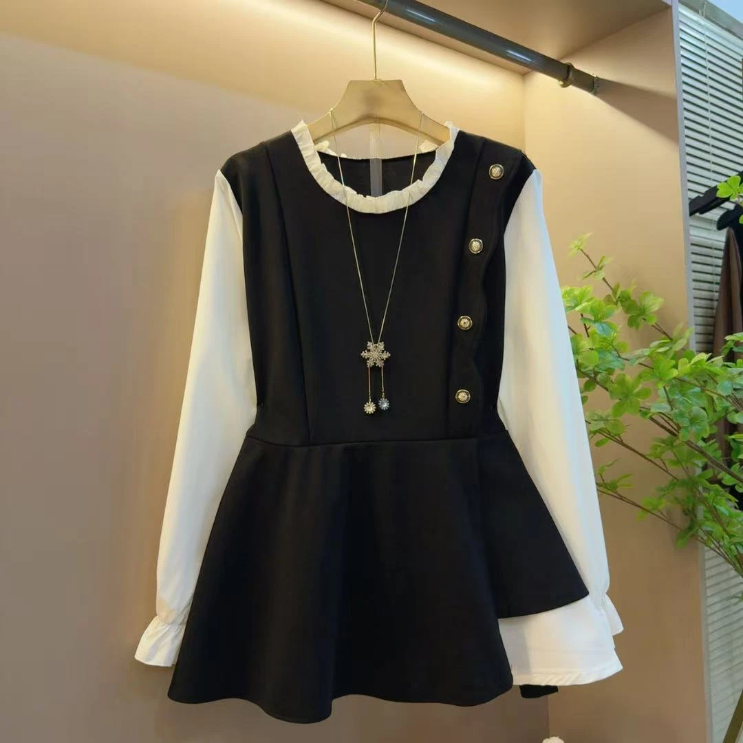 秋季新款设计重工拼接圆领花边不规则显瘦女装上衣（长72左右）