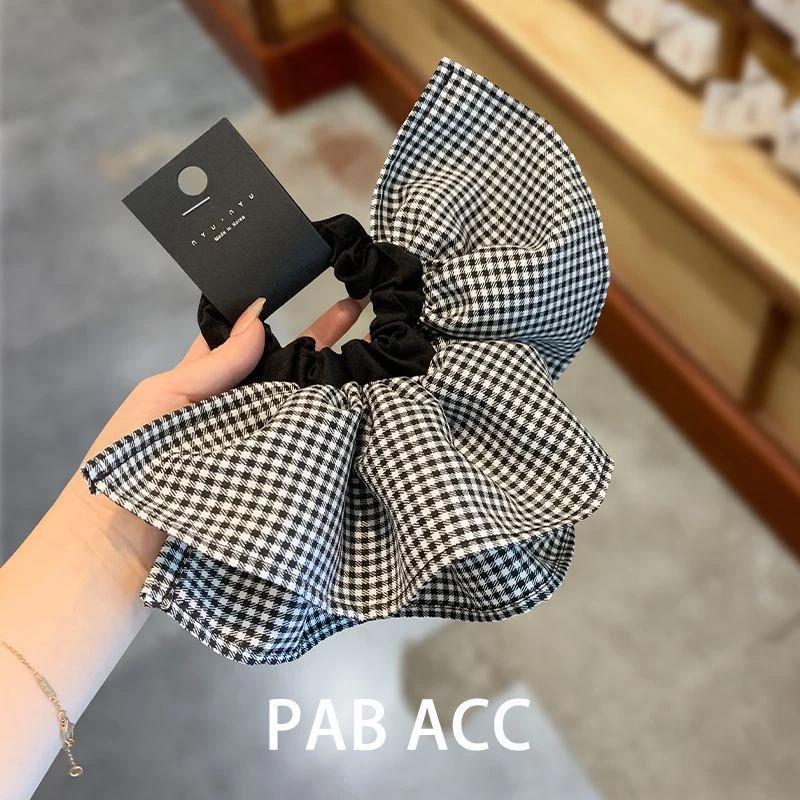 韩国氛围感黑白格子立体双层裙摆发圈赫本风高级感扎发头绳肥肠圈