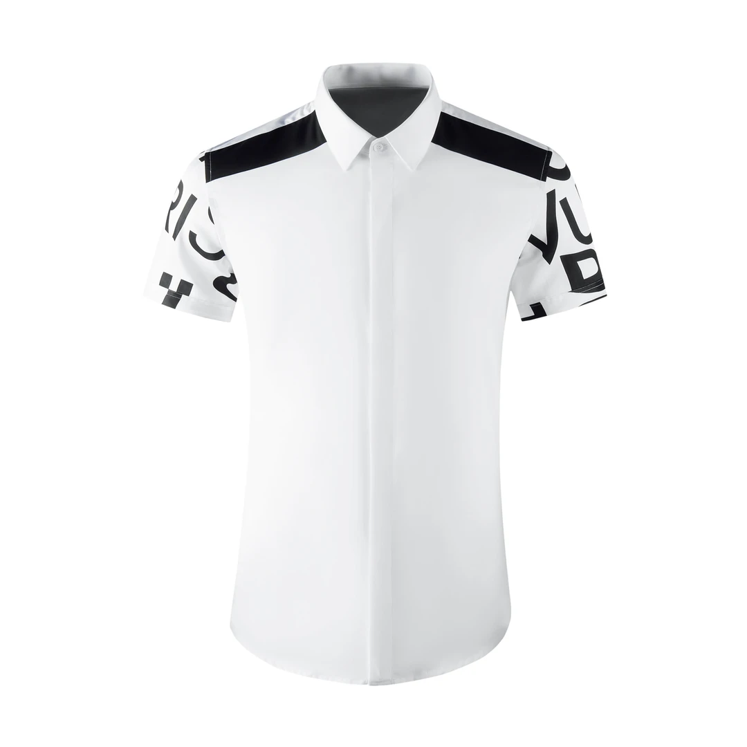 夏季短袖新款肩拼袖字母撞色男士修身衬衫印花休闲速干男子衬衣