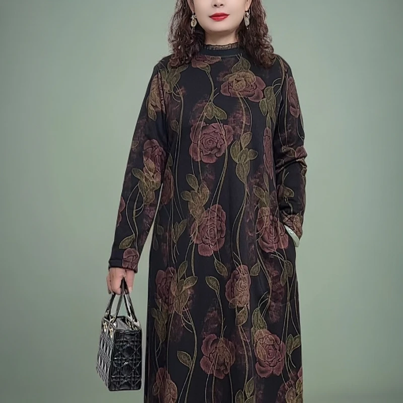 秋冬加绒加厚针织长袖气质印花中长款女装连衣裙