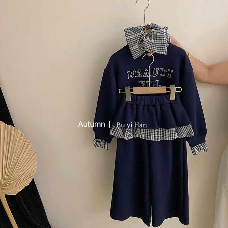 [带发圈]2025秋新款韩版女童卫衣套装格子拼接字母上衣休闲三件套