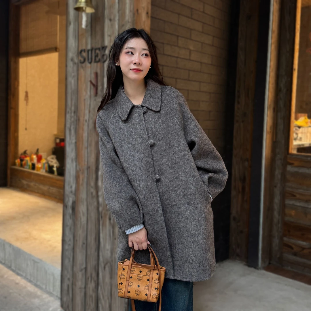 2025秋冬新款中长款中国风可爱风娃娃领毛呢外套双面呢2314