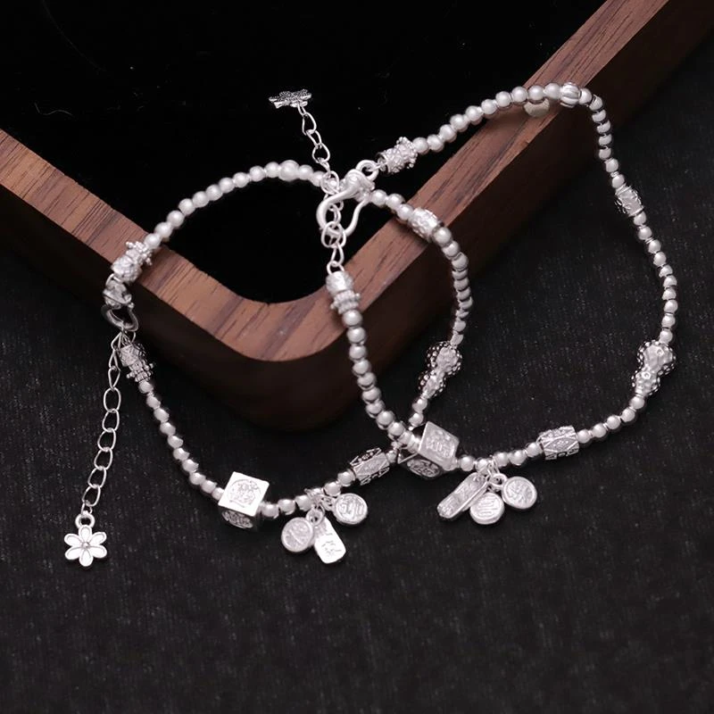 2025年新款银复古国风健康吉言福牌小葫芦串珠手链轻奢饰品