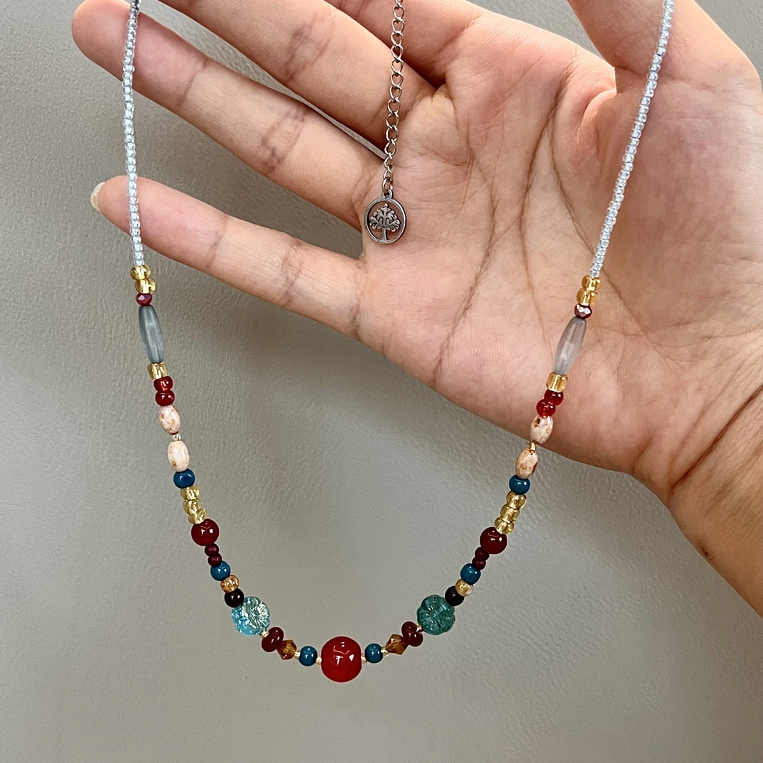 钛钢琉璃项链 灼灼韶华｜复古琉璃红蓝配色串珠项链锁骨链文艺女