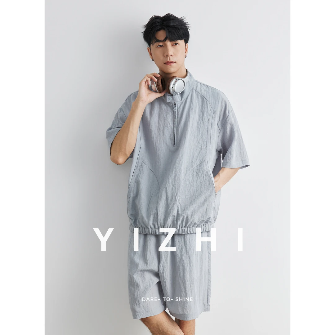 莱赛尔天丝防晒短袖男夏季薄款冰丝速干套装休闲宽松立领两件套男