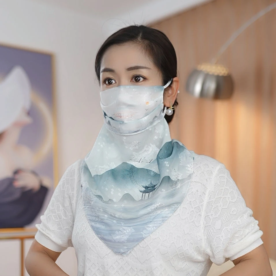 夏季防晒护颈女防紫外线面罩带围脖薄款透气全脸遮脸丝巾面纱
