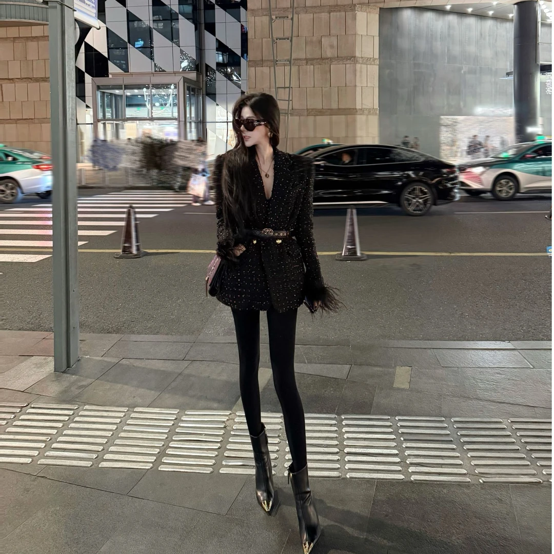 WANWAN【摩登画刊】羊毛加厚 驼鸟毛大衣外套设计西装JJD5XZ1939