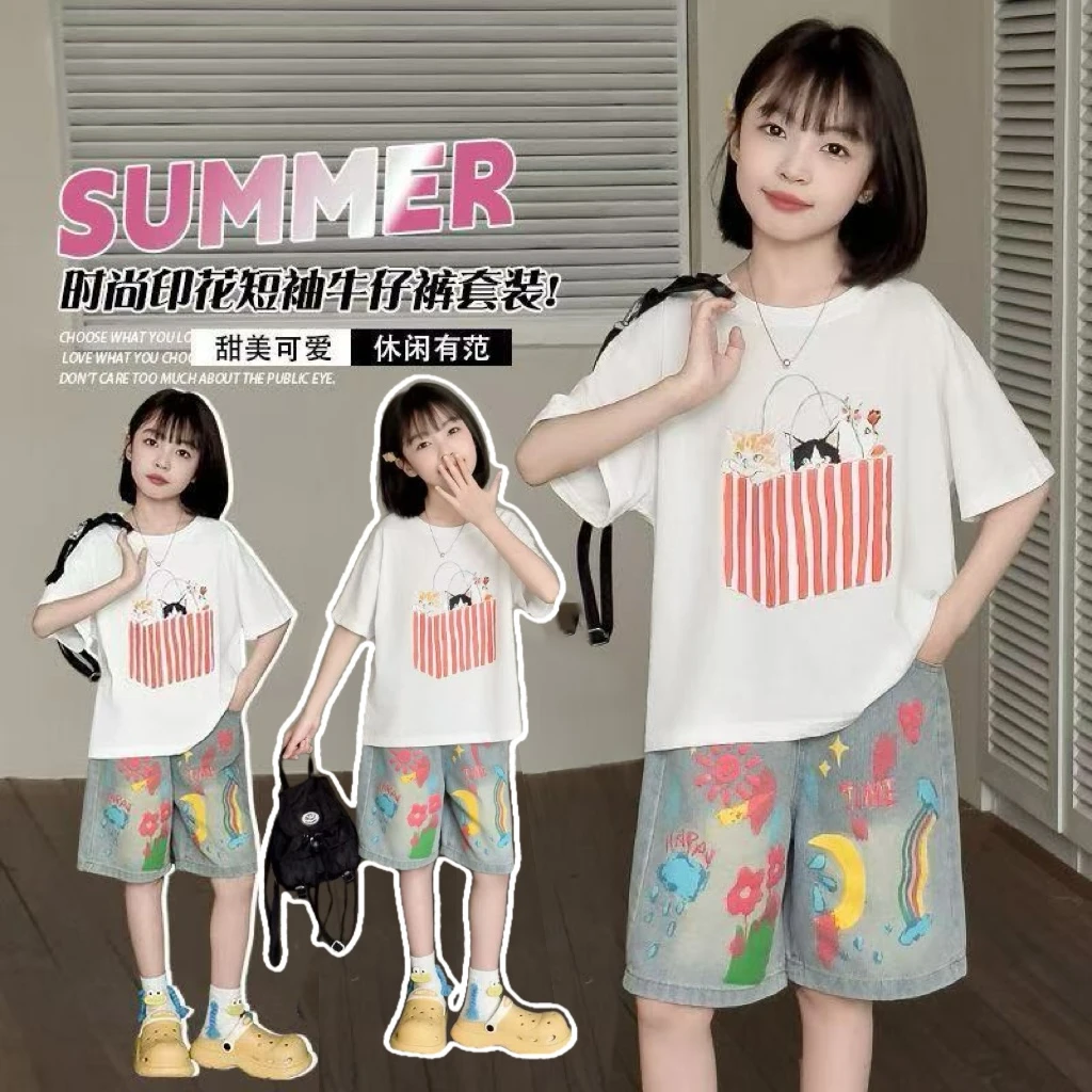 【专属定制】元气夏日~女童甜美小猫短袖俏皮印花短裤时髦套装9851