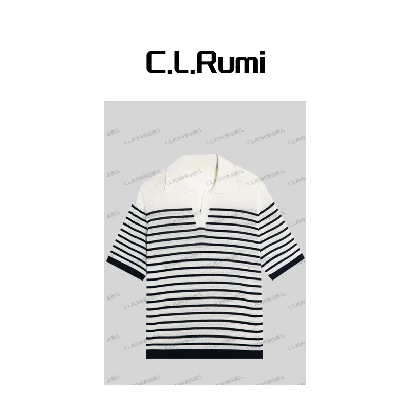 【燕子甄选】“竹节麻”25夏亚麻棉条纹休闲百搭翻领短袖上衣6850sy