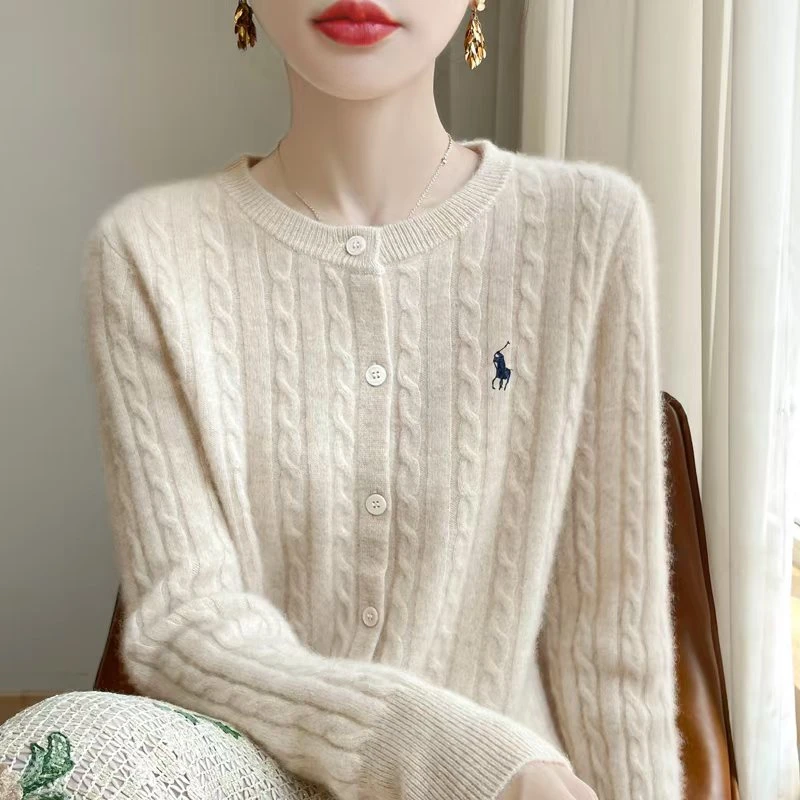 【商家同款】圆领麻花开衫刺绣针织衫