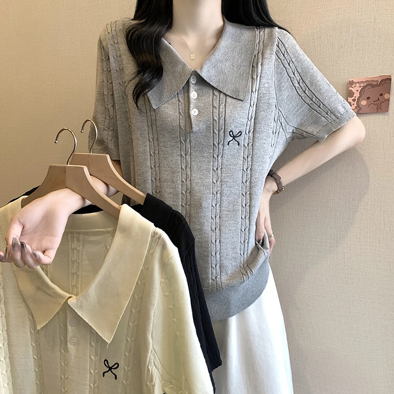 大码2025夏季新款娃娃领冰丝短袖T恤女胖mm宽松遮肚显瘦百搭上衣