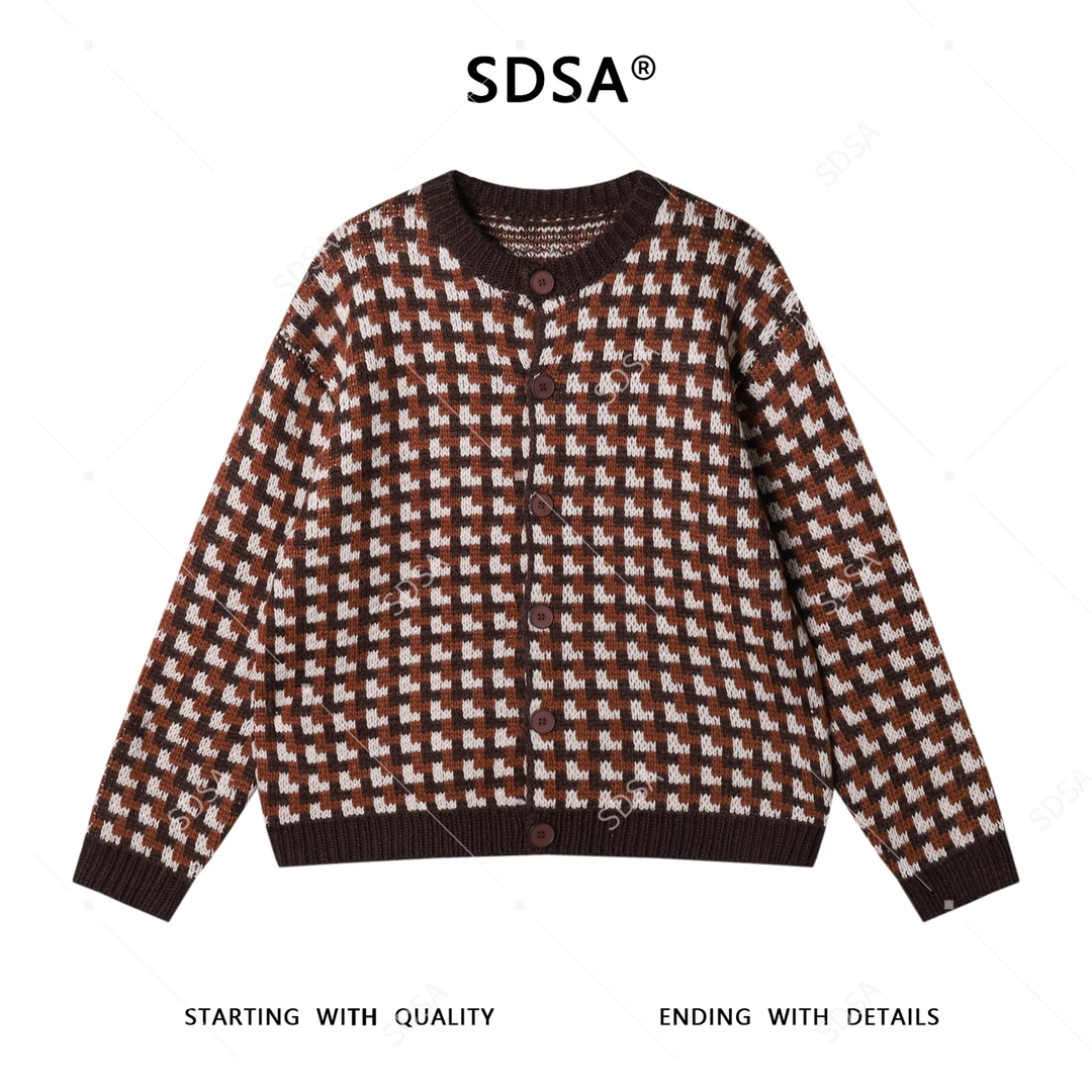 SDSA男士秋冬新款痞帅男装时尚撞色方块纽扣圆领针织衫百搭毛衣