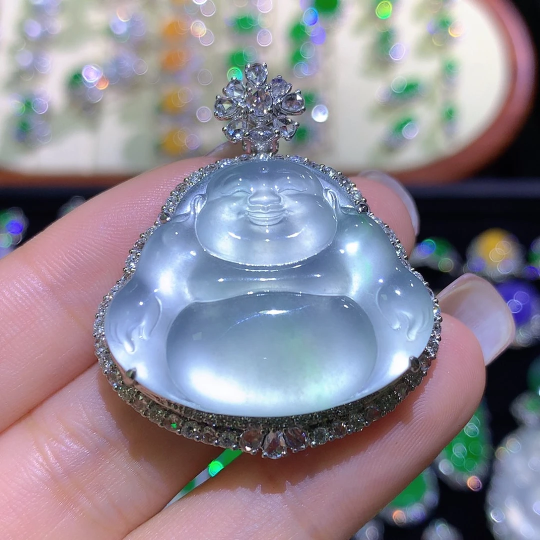 翡翠18K金镶嵌颈饰高冰波弥勒佛毛衣链一刀切后盖可拆卸