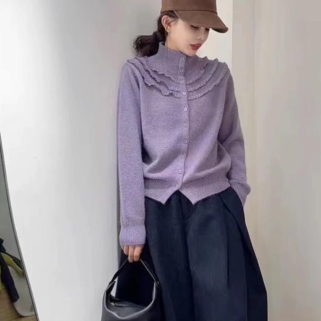 木耳花边设计感半高领针织开衫女冬季时尚毛衣外套上衣软糯单排扣