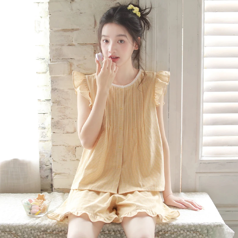 2025新款夏季睡衣女款纯棉双层棉纱短袖短裤开衫格子家居服套装