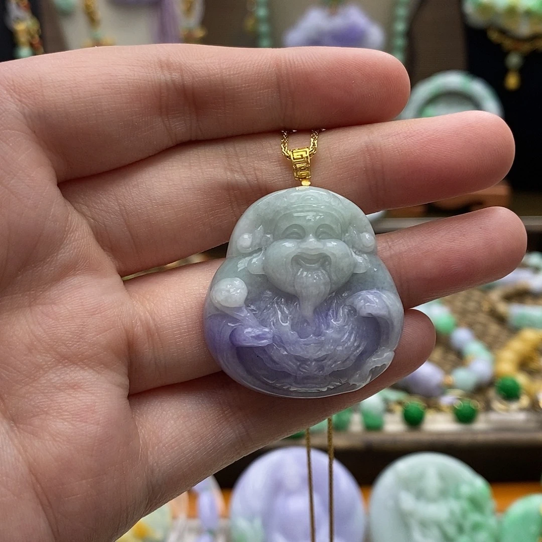 翡翠18K金镶嵌颈饰财神爷吊坠