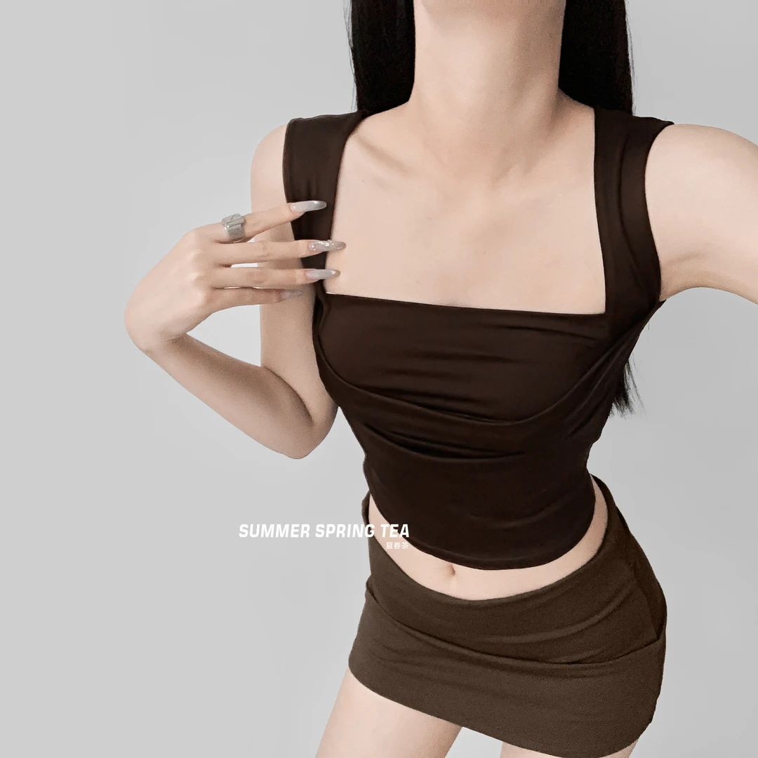 夏春茶辣妹宽肩带褶皱显胸吊带背心女美式纯色短款露脐上衣