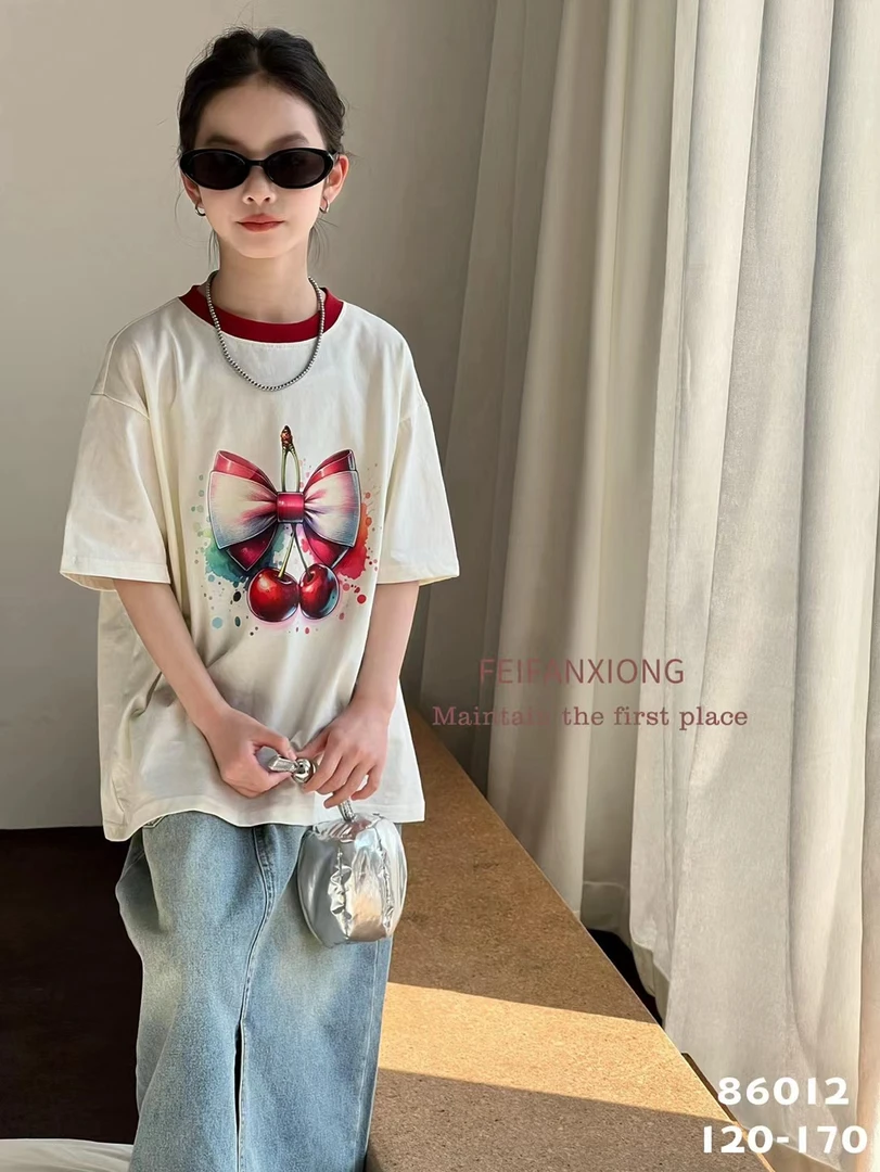 吸汗短袖蝴蝶流苏童装T恤夏季上衣白色百搭印花女