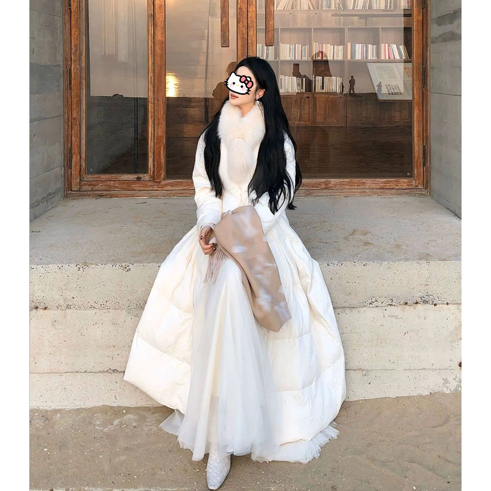 【现货】棉服仙女时尚高级白色气质修身中长款系带棉服外套大毛领