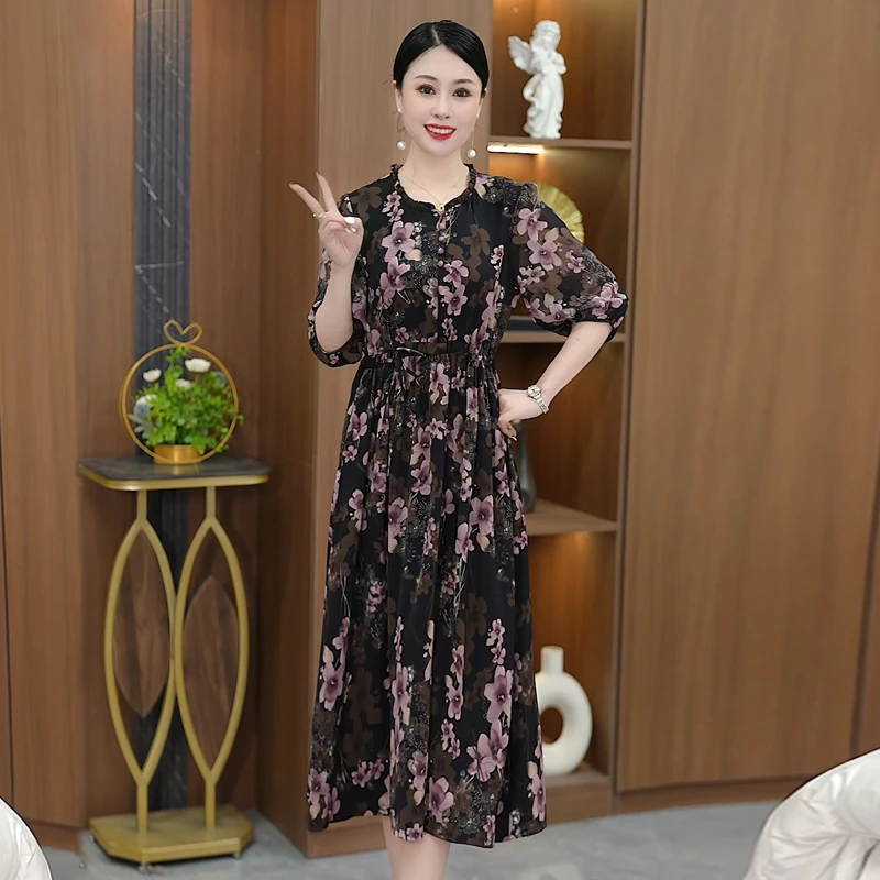 （黑底紫花）时尚法式显瘦百搭洋气收腰中长款2025新款连衣裙-Z