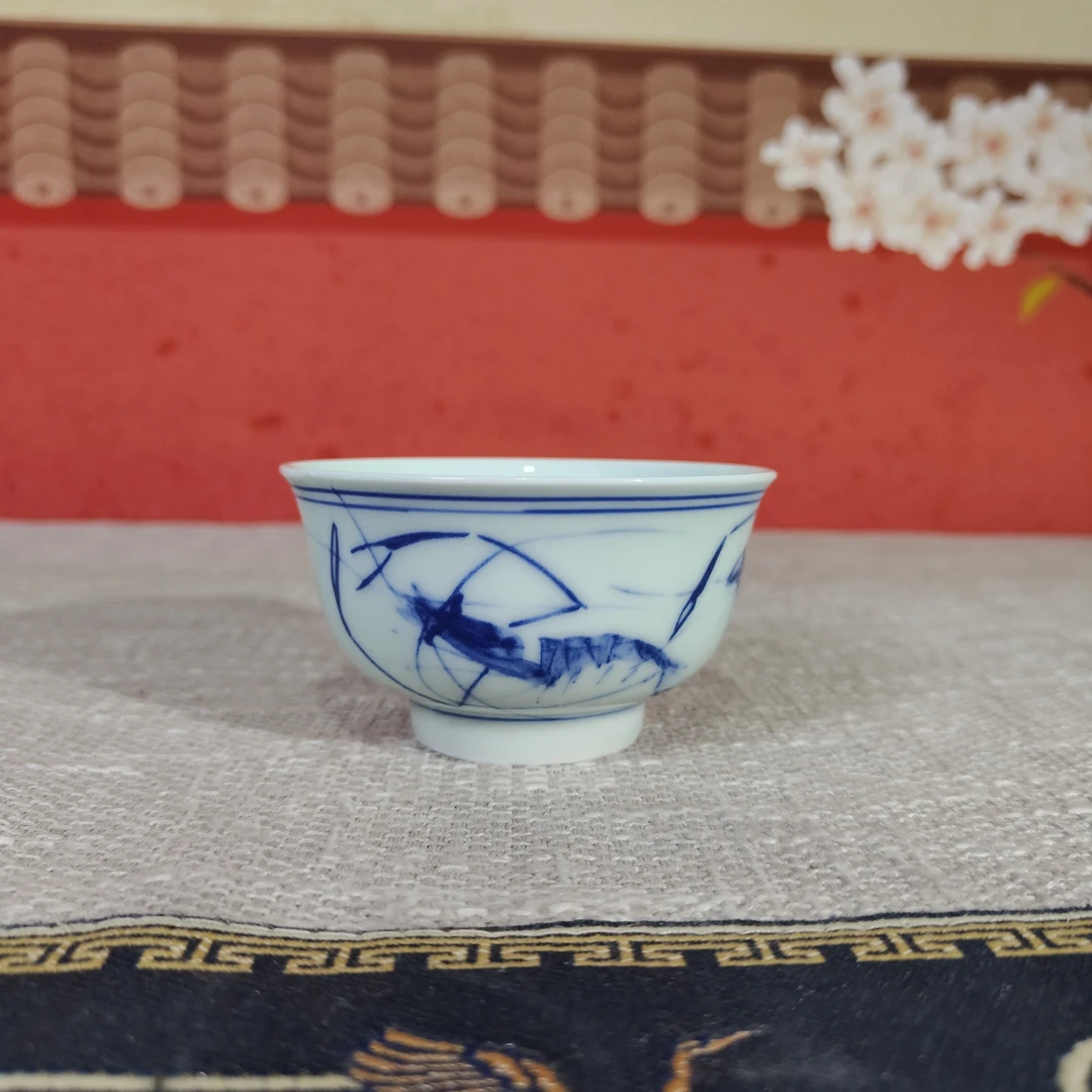 景德镇陶瓷青花釉下彩虾趣茶杯主人杯单杯茶杯家用品茗杯茶杯